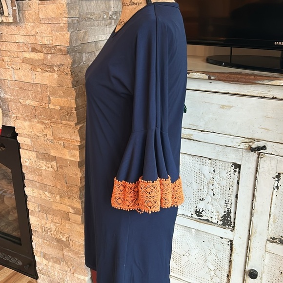 Judith March navy straight line dress 3/4 orange crochet bell sleeves lined boho - Picture 4 of 16
